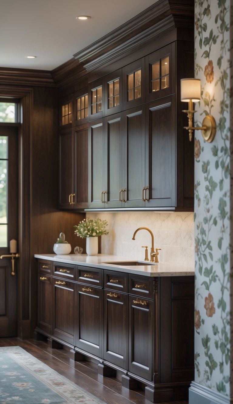 A butler's pantry with dark wood cabinets, brass fixtures, and floral wallpaper.