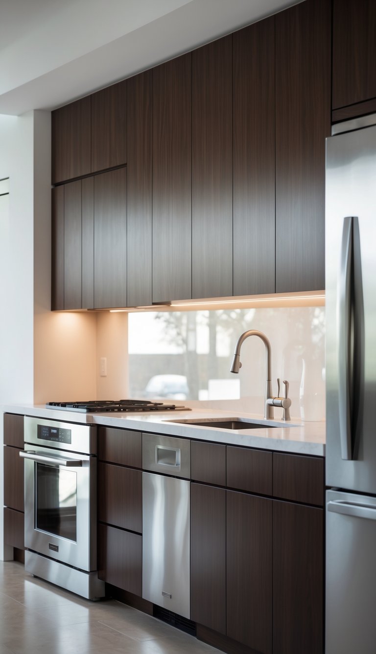 Modern kitchen with dark wood cabinets and stainless steel appliances.