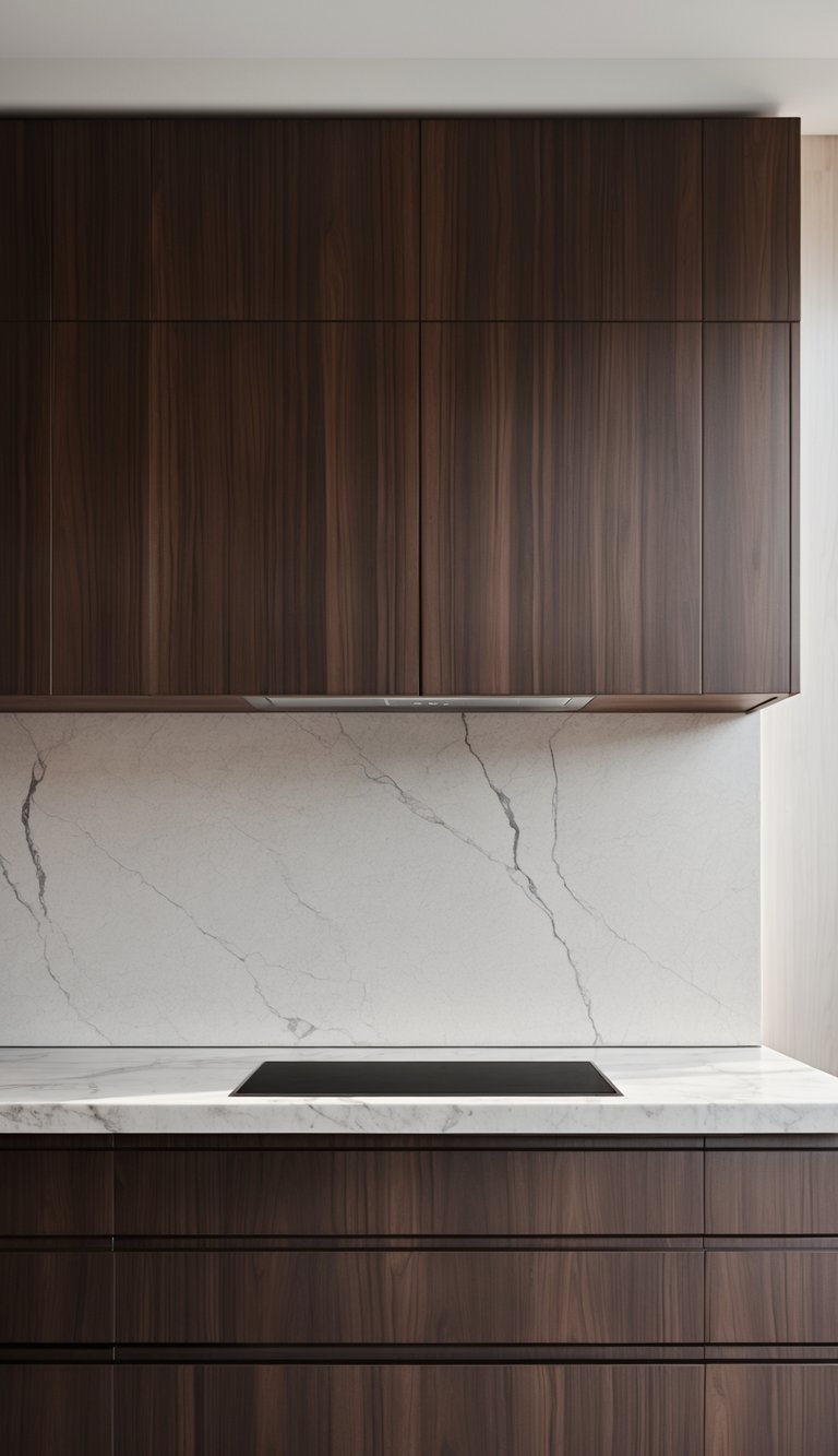 A kitchen with dark walnut wood cabinets and a white stone slab backsplash.