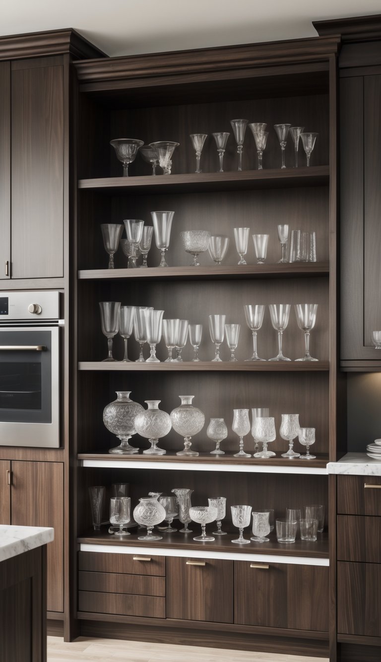 A kitchen with dark wood cabinets and open shelves displaying vintage glassware.
