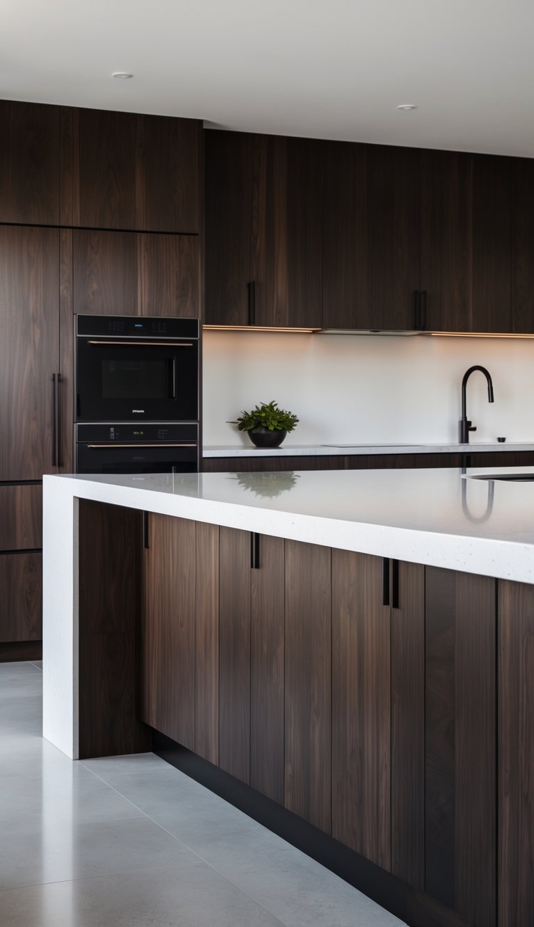 A modern kitchen with a dark wood island and white quartz countertops.