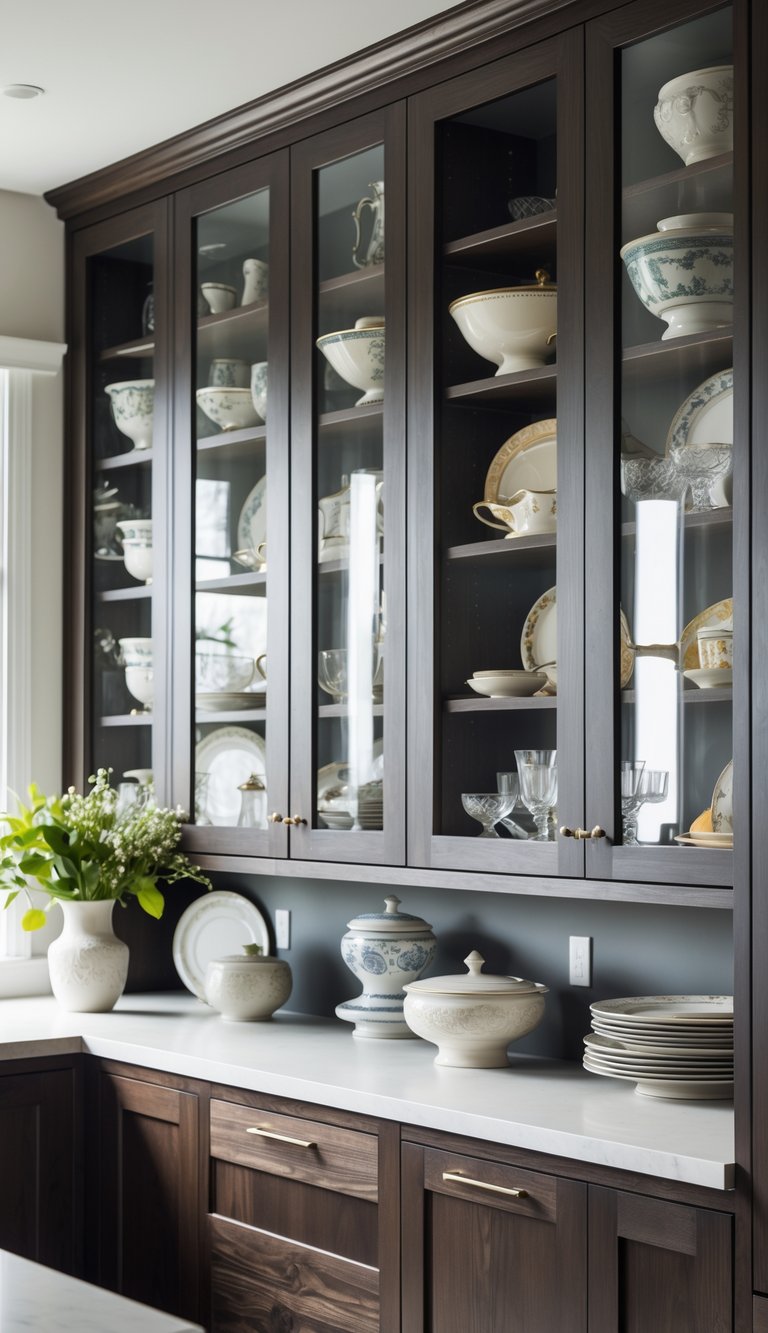A modern kitchen with dark wood glass-front cabinets displaying vintage dishes and decorative items inside.