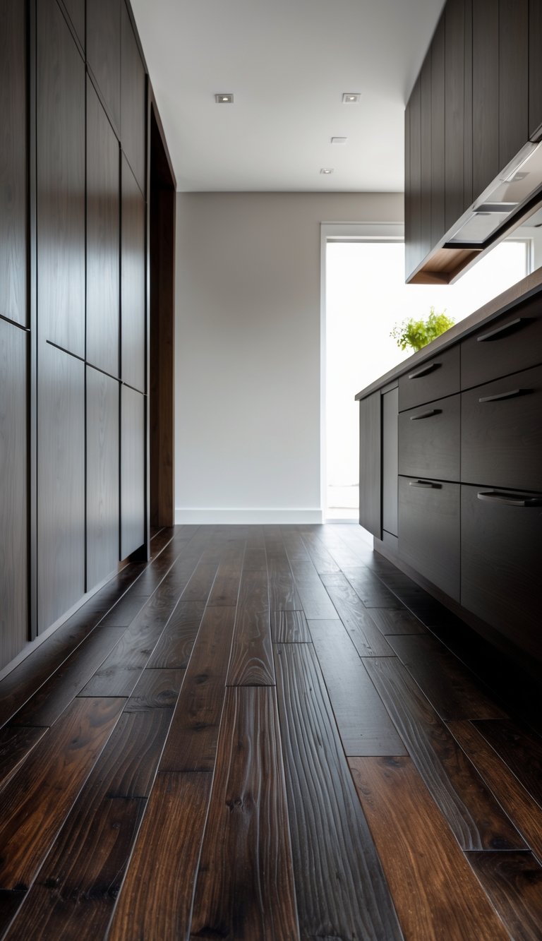A modern kitchen with dark wood floors and dark wood cabinets, softly lit by natural light.