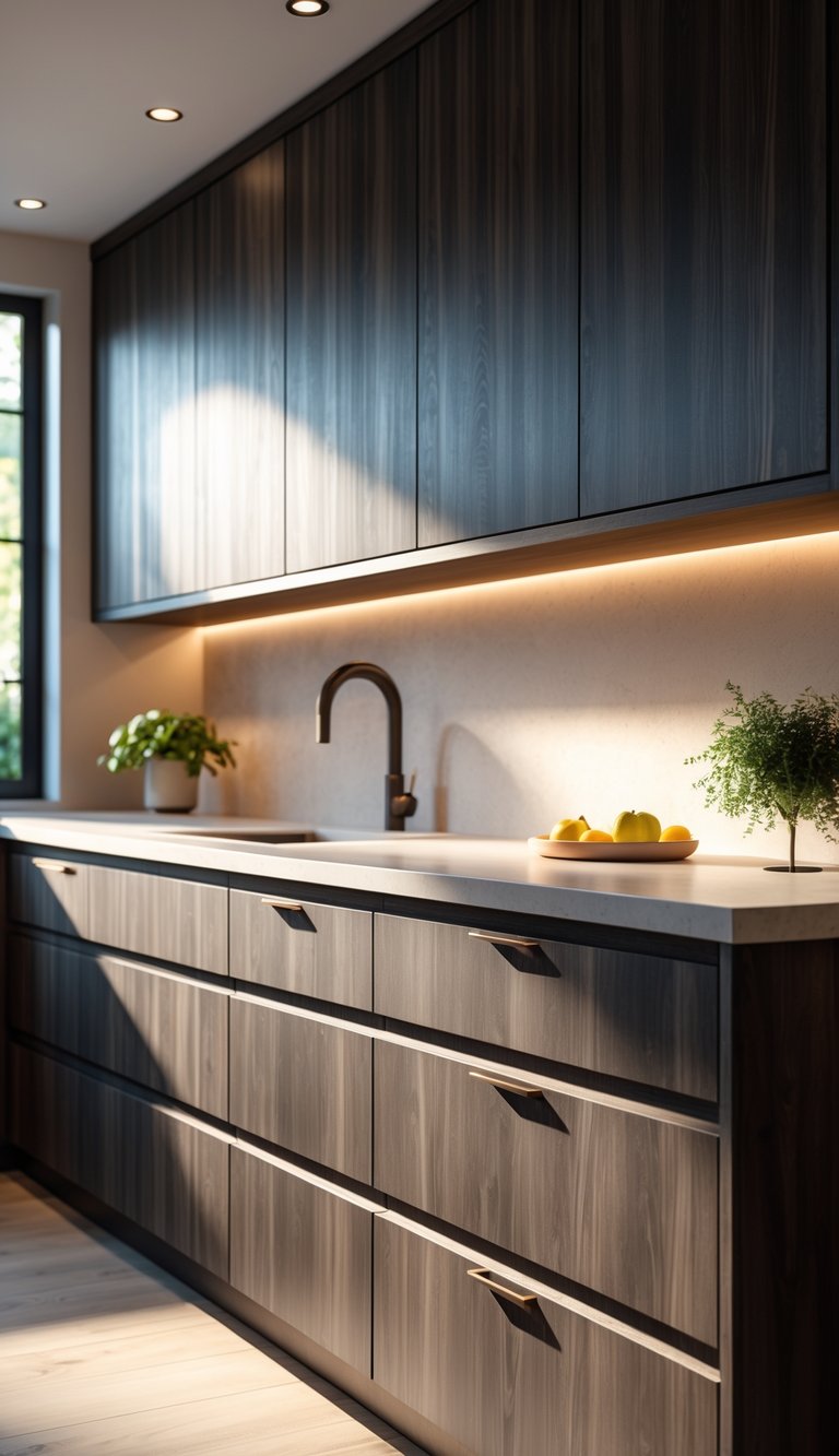 A modern kitchen with dark wood cabinets, light countertops, and minimal decorative elements.