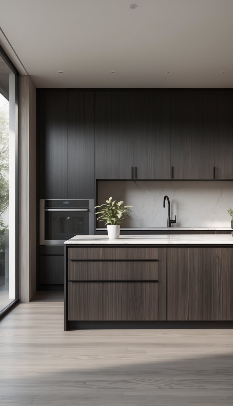 A modern kitchen with dark wood cabinets, a marble countertop island, and a small potted plant near a window.