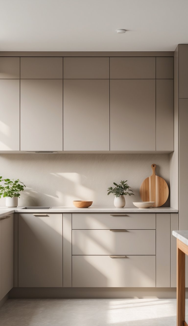A modern kitchen with soft taupe cabinets, light countertops, and minimal decor.