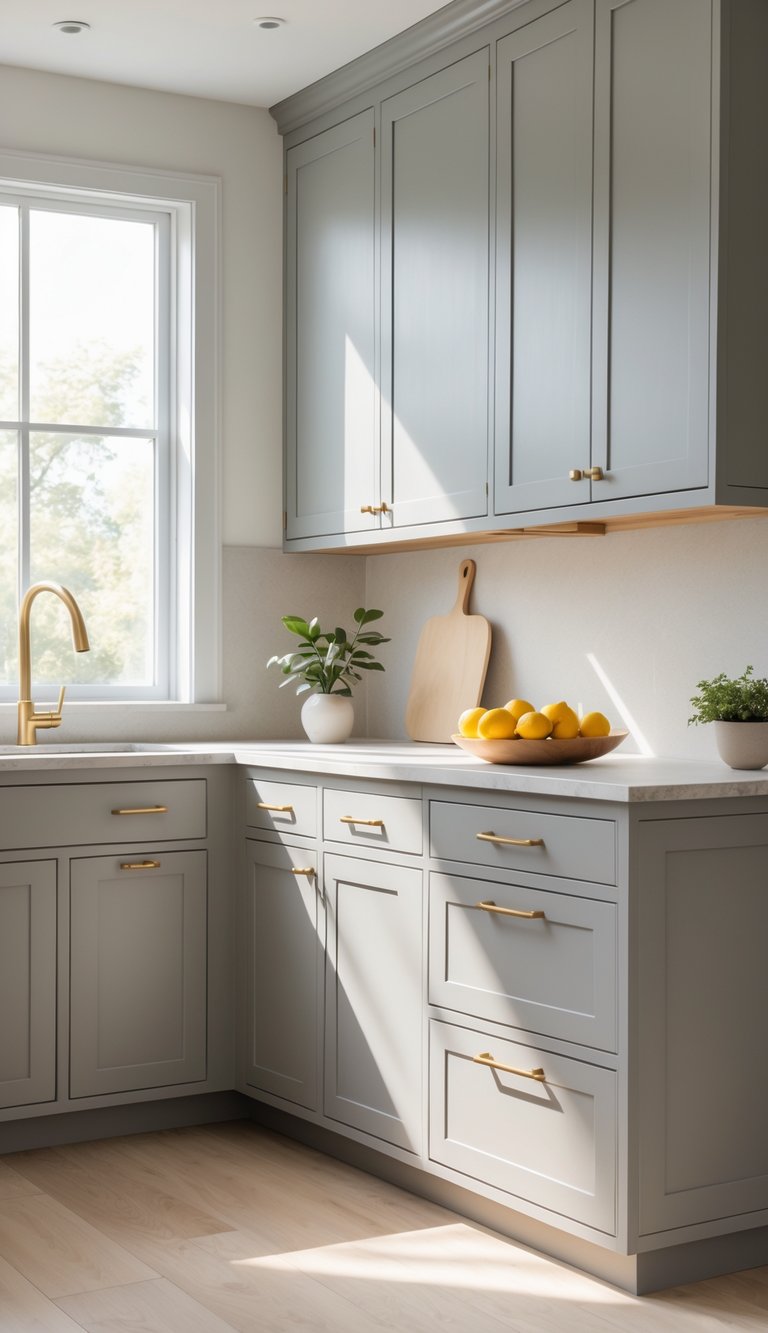 A modern kitchen with gray cabinets, light countertops, brass hardware, and natural light coming through a window.