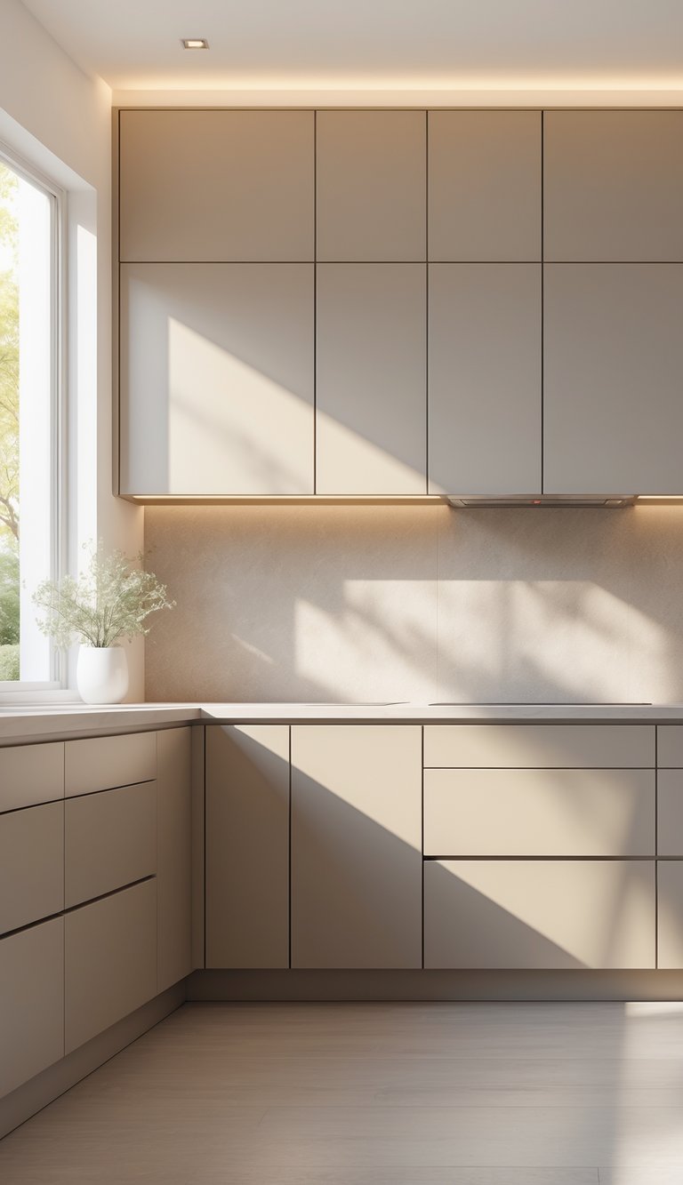 A modern kitchen with warm greige cabinets, light countertop, and natural light illuminating the space.