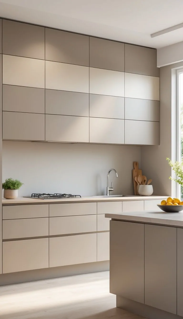 A modern kitchen with cabinets in seven different light mushroom neutral colors, illuminated by natural light.