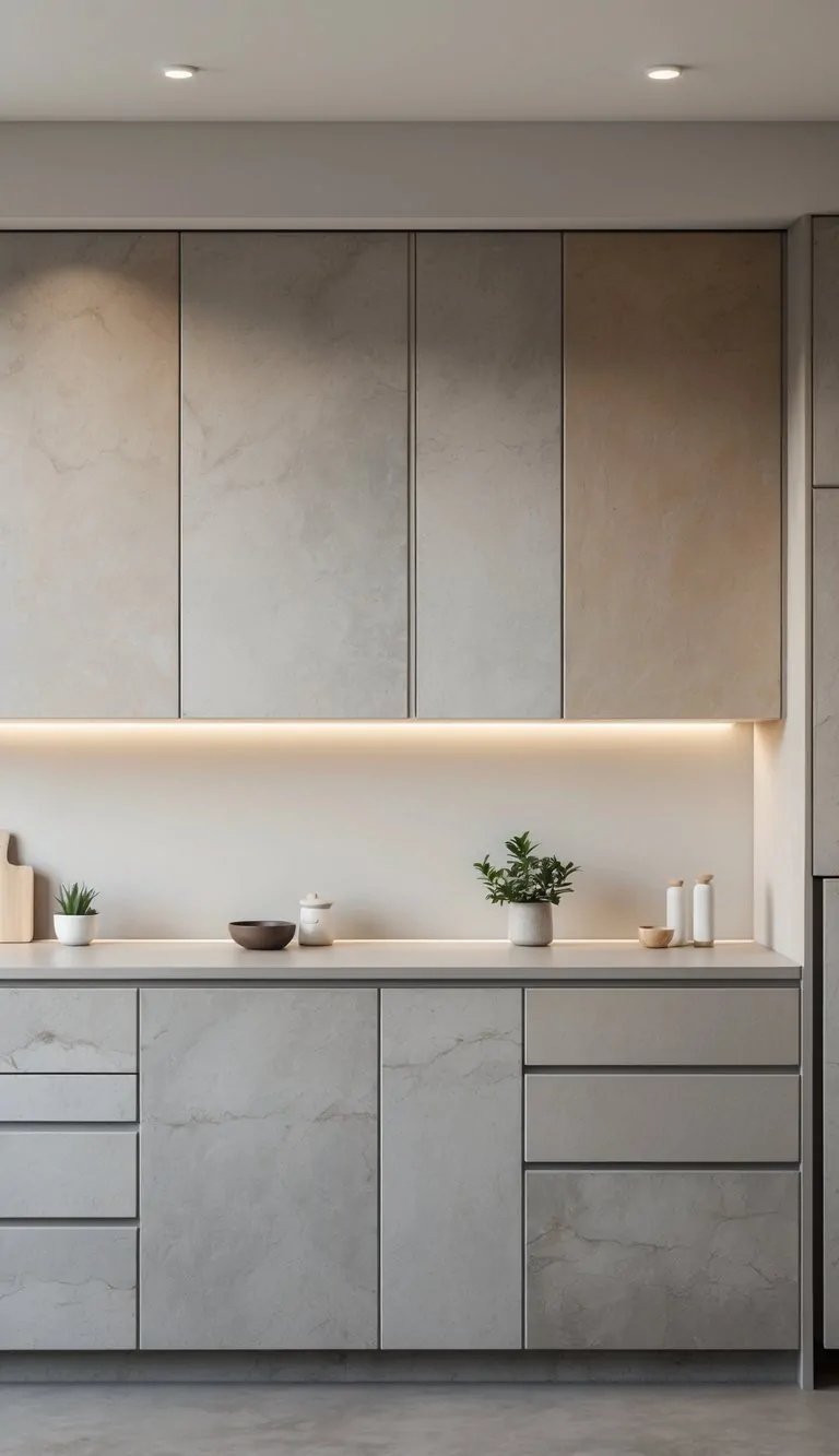 A modern kitchen interior with muted stone-colored cabinets in soft grey, taupe, and beige, featuring a clean countertop with minimal decor.