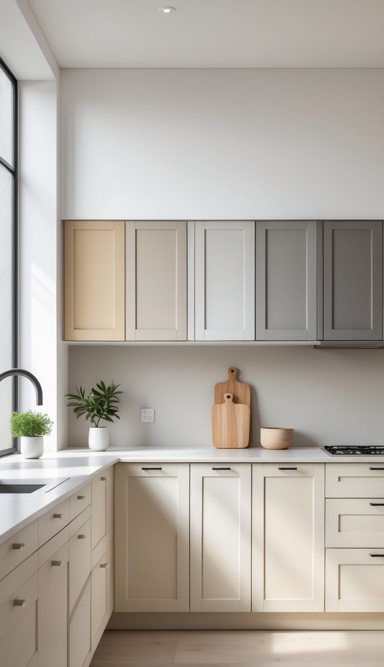 A modern kitchen with seven different neutral-colored cabinets arranged side by side under natural light.