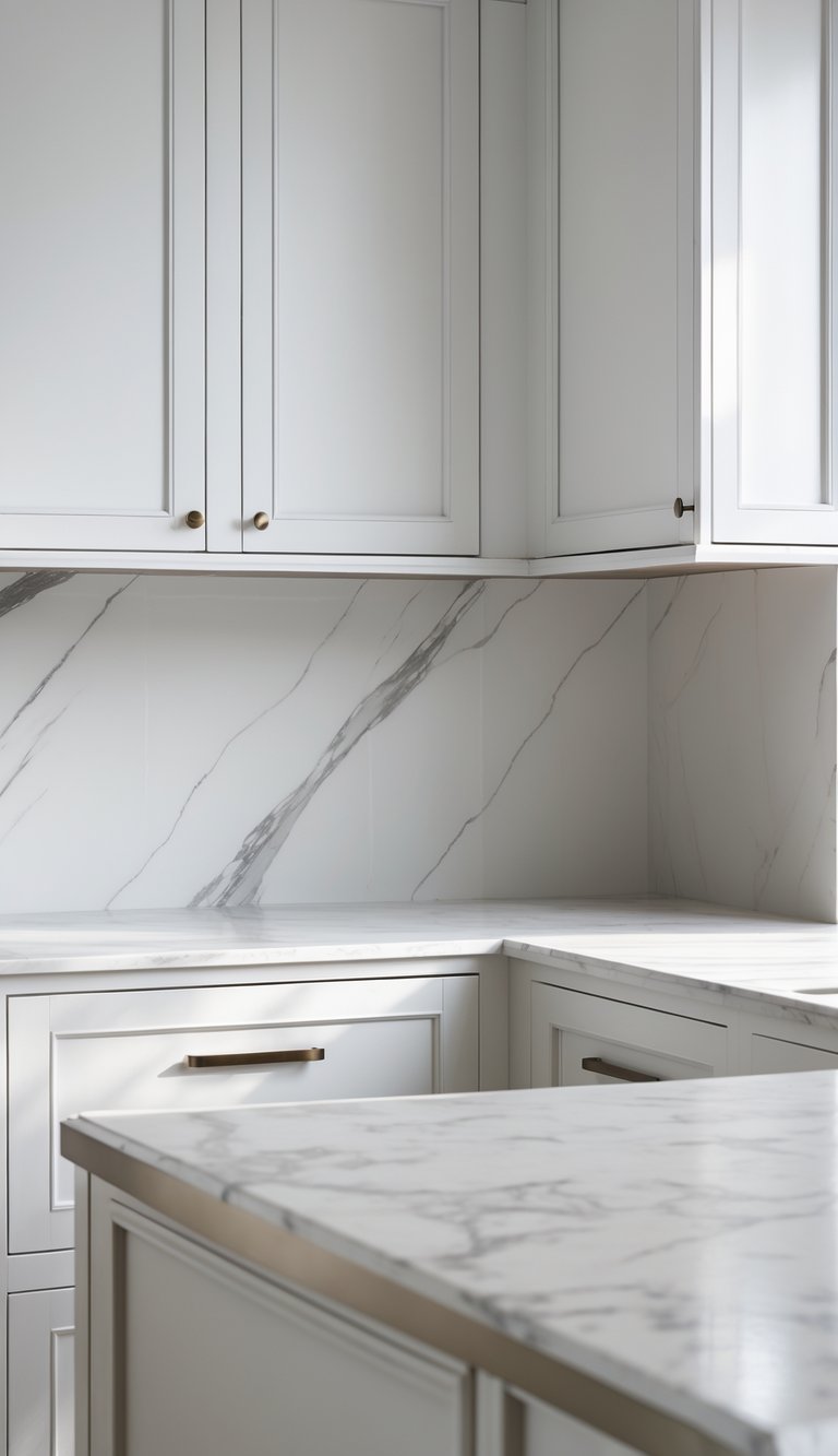 17 Stunning Kitchen Countertop Combinations That Pop 2 A kitchen with white shaker cabinets and marble countertops under soft natural light.