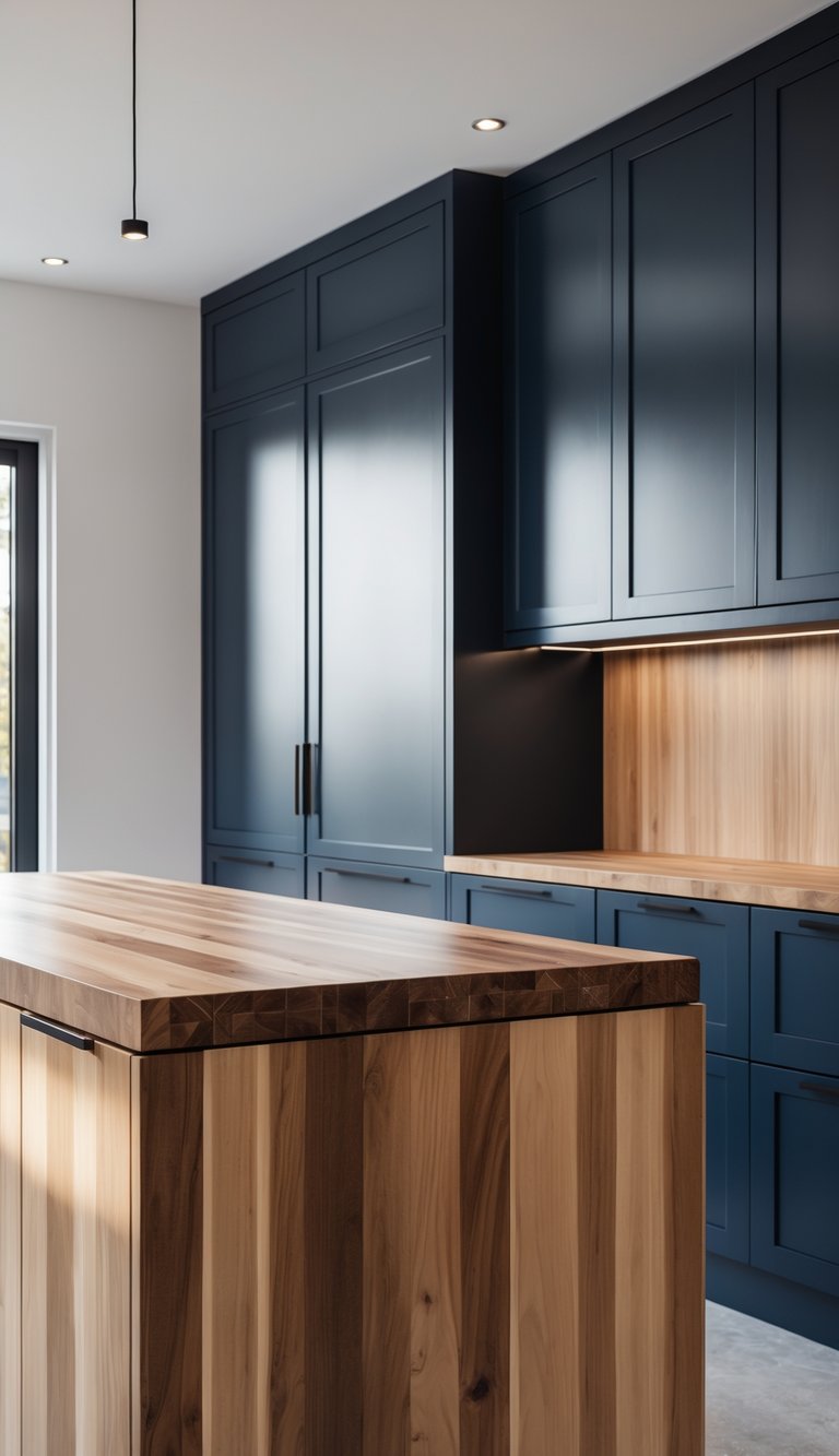 17 Stunning Kitchen Countertop Combinations That Pop 3 A kitchen countertop made of butcher block wood paired with navy blue cabinets.
