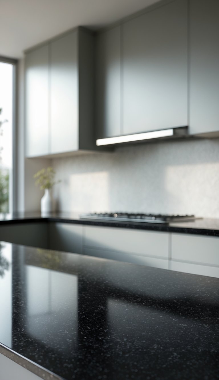 17 Stunning Kitchen Countertop Combinations That Pop 4 A modern kitchen with black granite countertops and light gray cabinets.