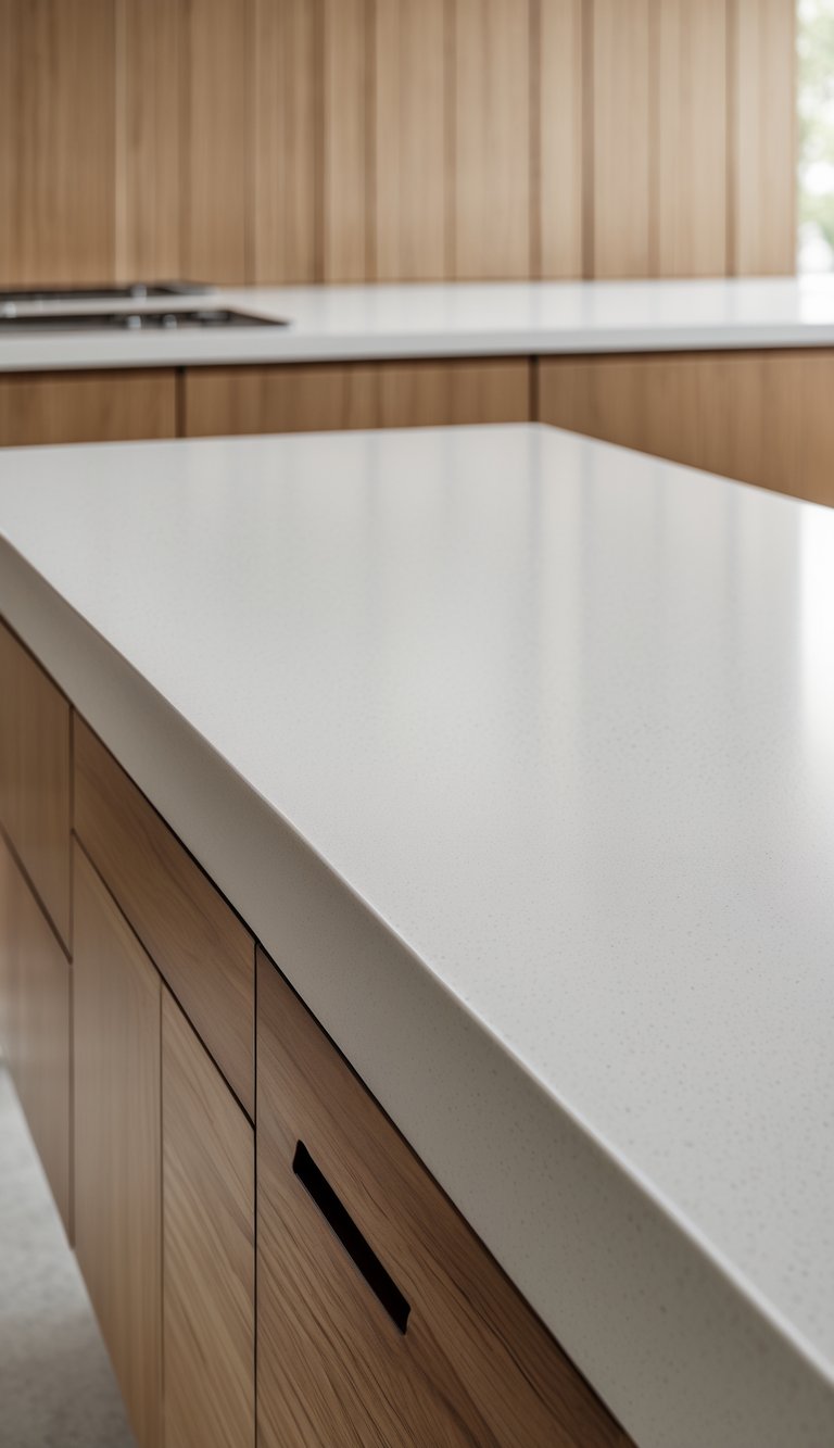 17 Stunning Kitchen Countertop Combinations That Pop 5 A modern kitchen with white quartz countertops and medium brown wood cabinets.