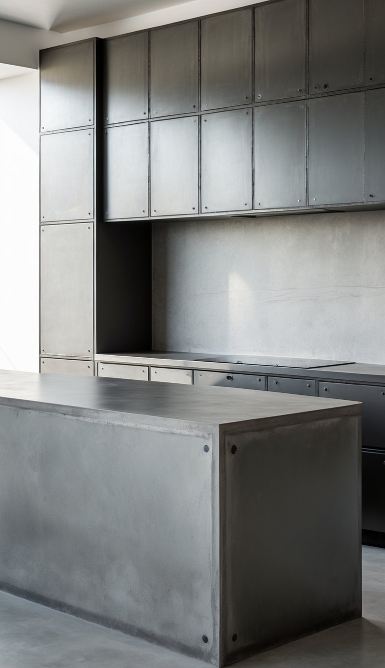 17 Stunning Kitchen Countertop Combinations That Pop 6 A kitchen with a concrete countertop and dark steel cabinets.