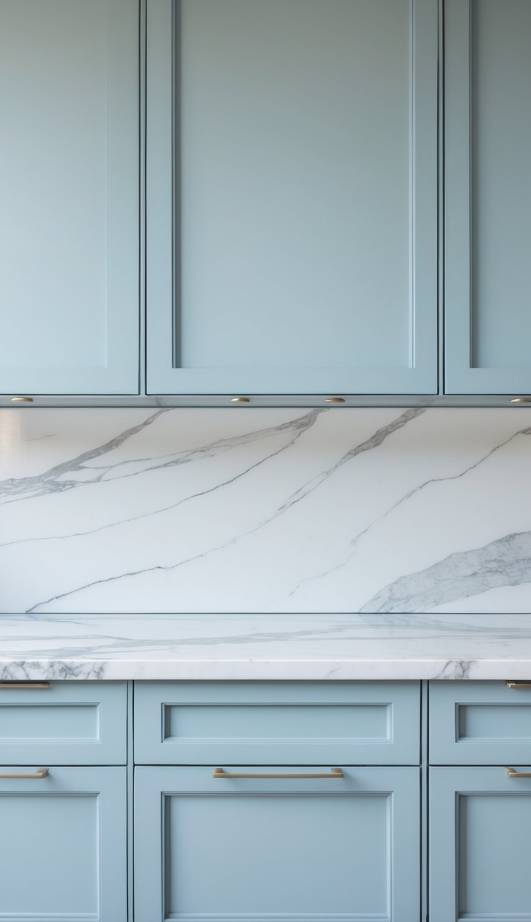 17 Stunning Kitchen Countertop Combinations That Pop 11 A kitchen with white marble countertops and pale blue cabinets.
