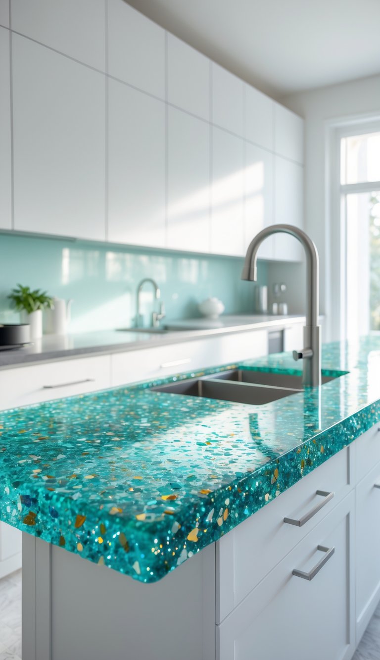 17 Stunning Kitchen Countertop Combinations That Pop 12 A modern kitchen with recycled glass countertops and white cabinets under soft natural light.