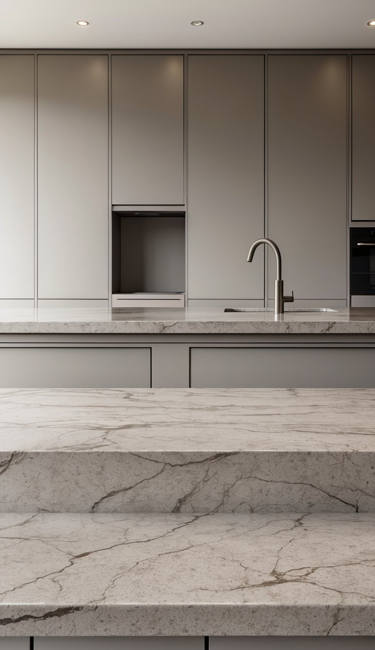 17 Stunning Kitchen Countertop Combinations That Pop 14 A modern kitchen with quartzite countertops and taupe cabinets.