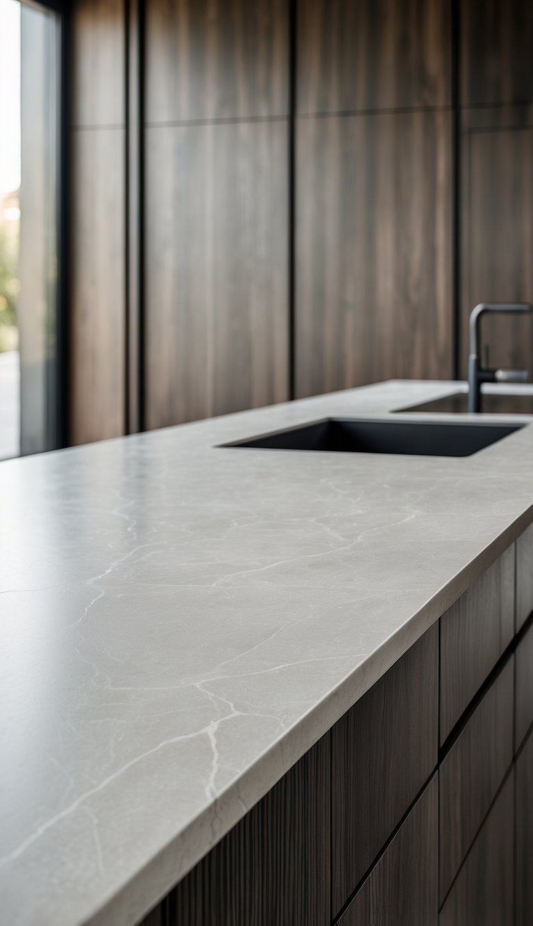 17 Stunning Kitchen Countertop Combinations That Pop 16 Modern kitchen with a light porcelain countertop and dark stained wooden cabinets.