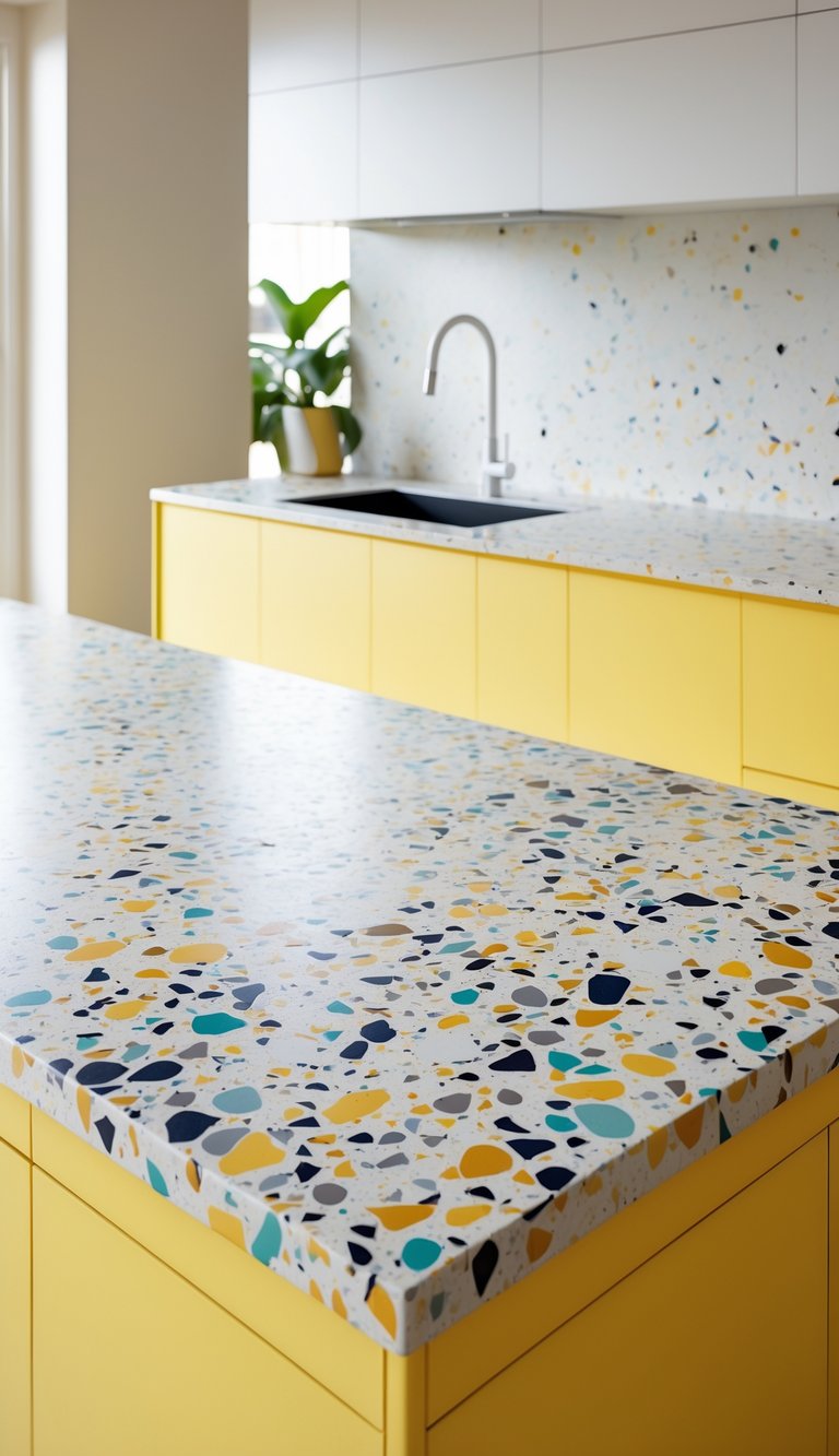 17 Stunning Kitchen Countertop Combinations That Pop 17 A kitchen countertop with terrazzo surface and bright yellow cabinets underneath.