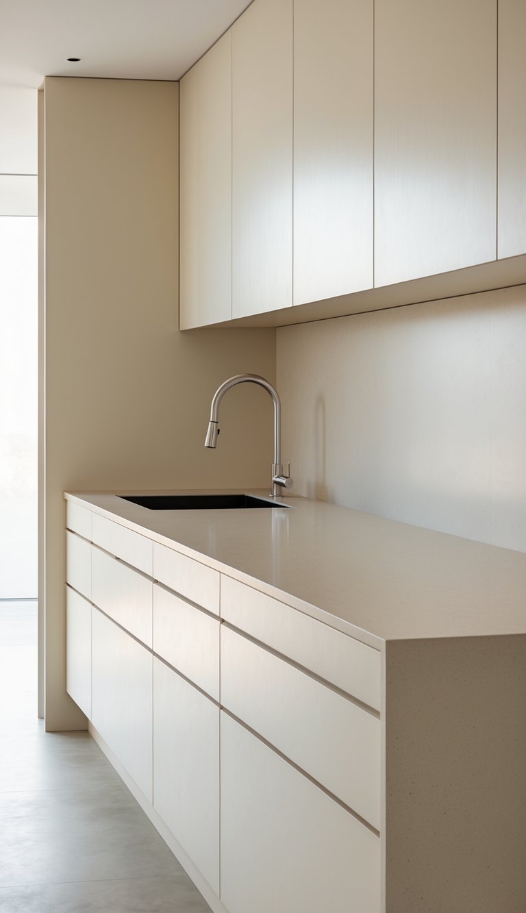 17 Stunning Kitchen Countertop Combinations That Pop 18 Modern kitchen with cream cabinets and solid surface countertops.