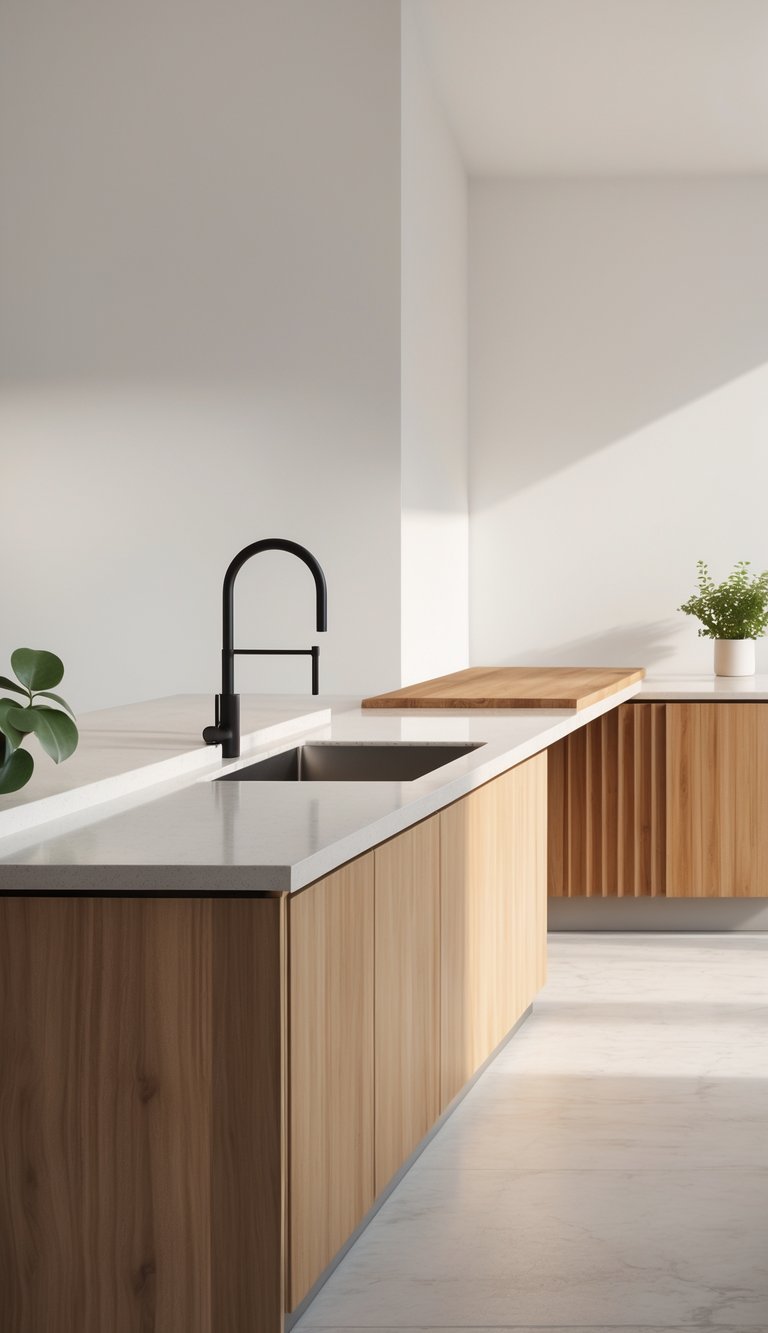 17 Stunning Kitchen Countertop Combinations That Pop 19 A modern kitchen countertop combining light quartz and natural wood surfaces with a sink, faucet, and a small green plant.