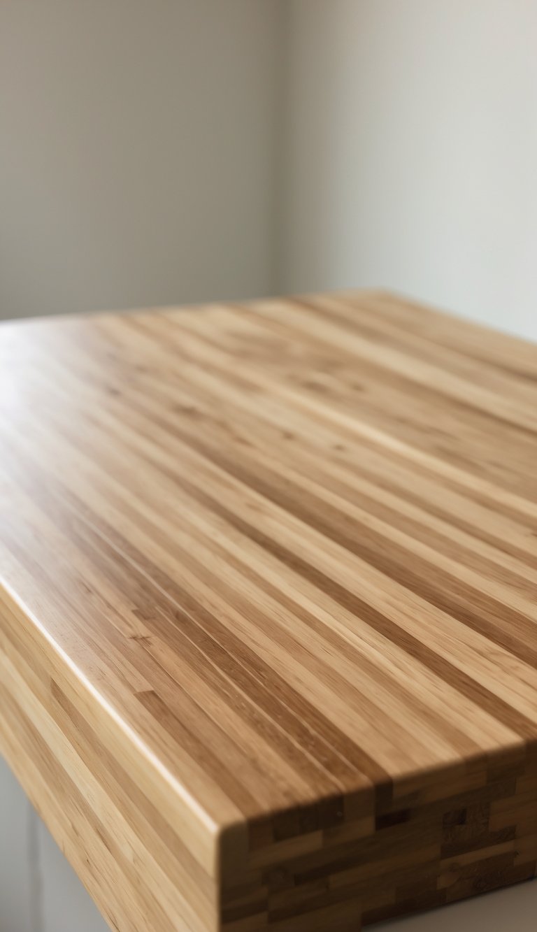 Close-up of a clean bamboo butcher block countertop with natural wood grain visible.