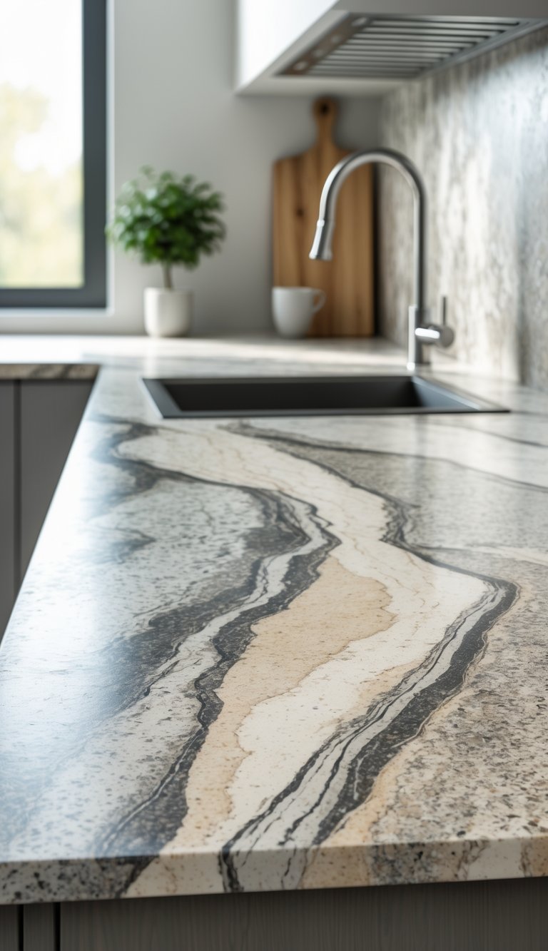 Close-up of a modern kitchen countertop with laminate surface featuring granite patterns, a stainless steel faucet, and a small potted plant in the background.