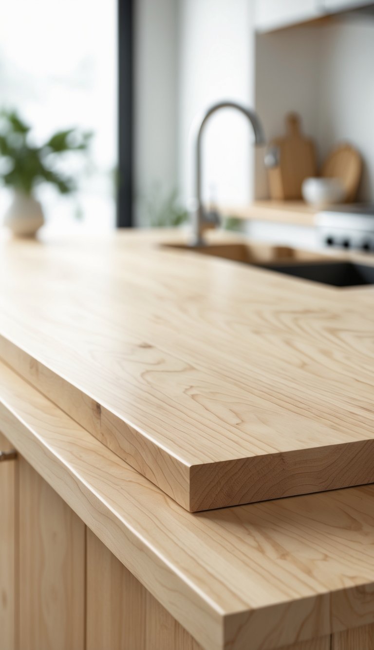 Close-up of a birch wood butcher block countertop with visible wood grain in a modern kitchen.