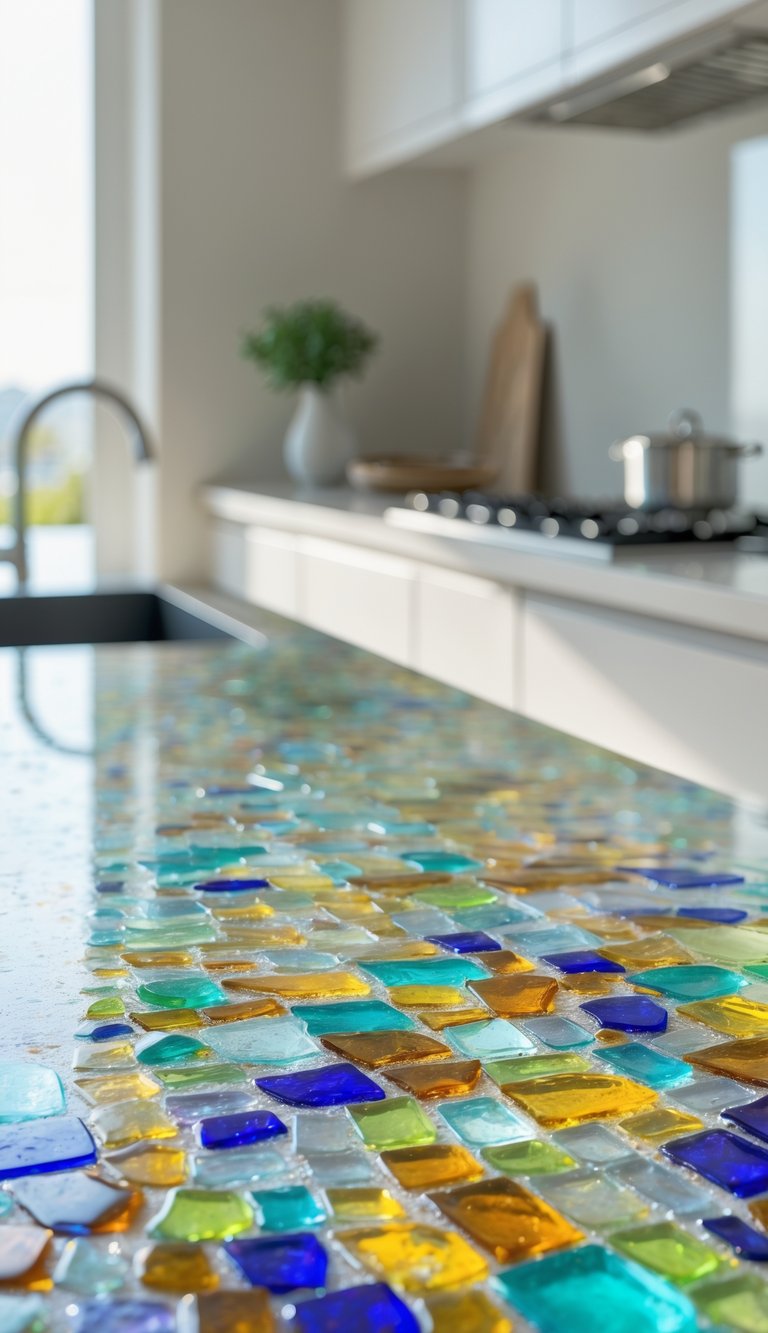 A modern kitchen countertop made of recycled glass with colorful fragments embedded in a smooth surface.