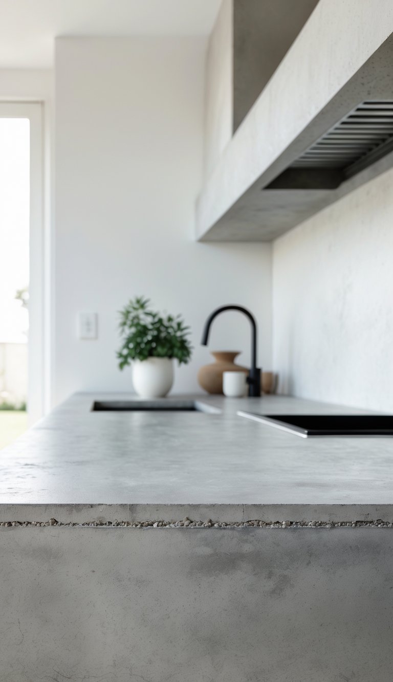 Close-up of a smooth concrete kitchen countertop with a matte black faucet and a small potted plant on a clean, modern kitchen surface.