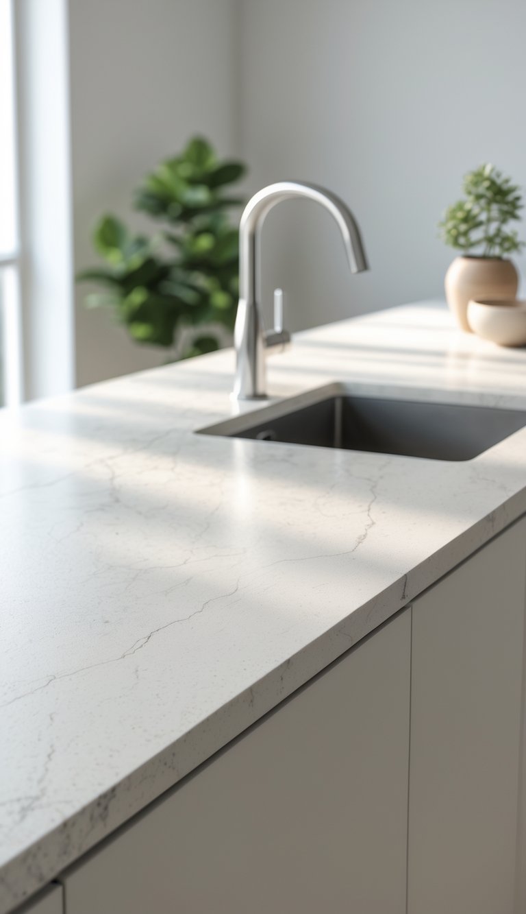 A modern kitchen countertop with a built-in sink and faucet, featuring a smooth light-colored surface and minimal kitchen accessories.