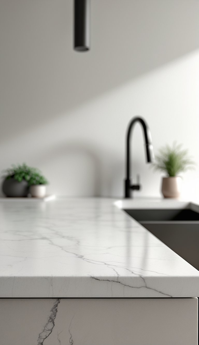 A modern kitchen countertop made of a smooth porcelain slab with subtle veining, featuring a black faucet and a small potted plant on a clean surface.