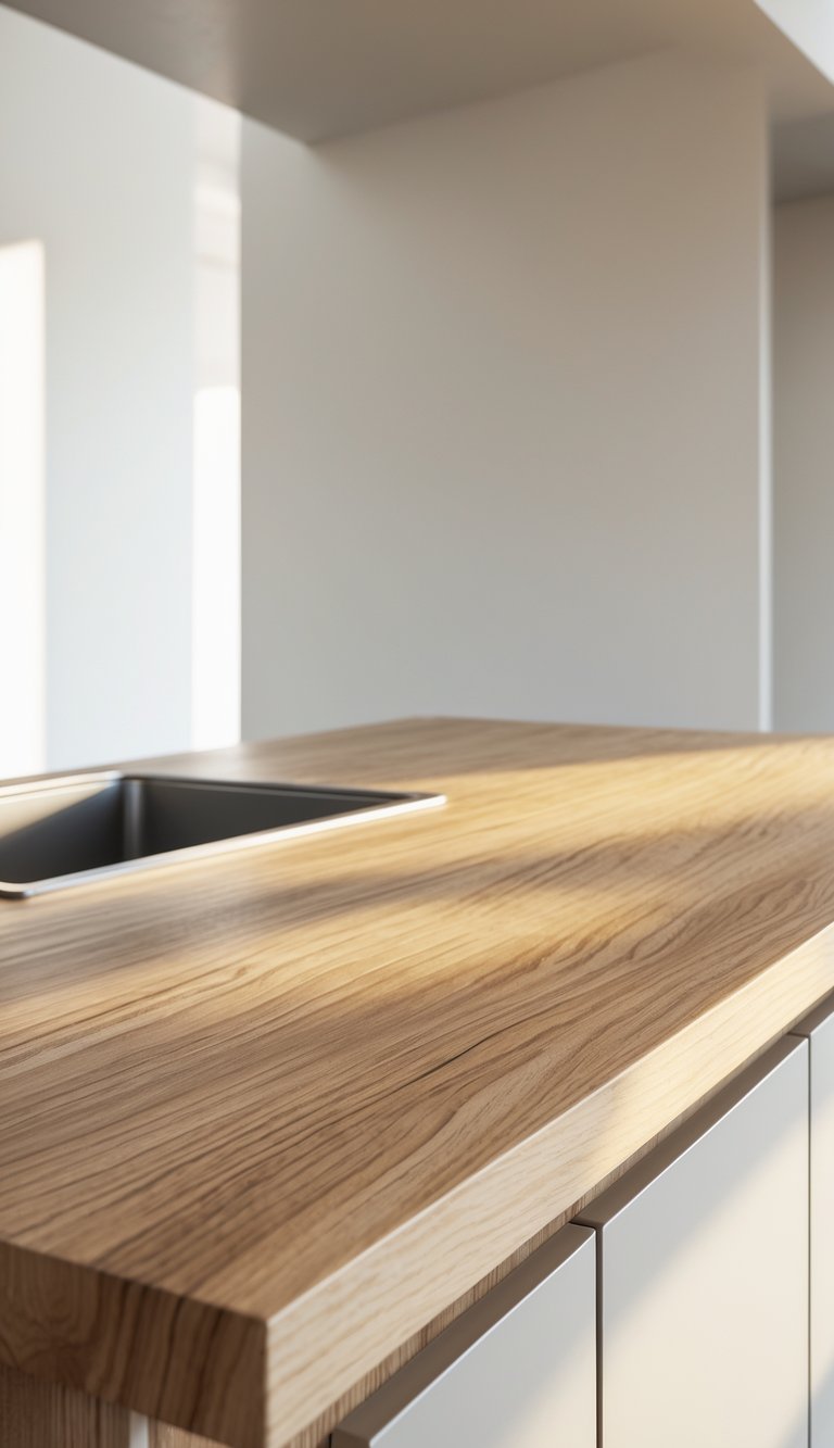 A modern kitchen countertop made of smooth wood veneer with natural wood grain and warm tones.