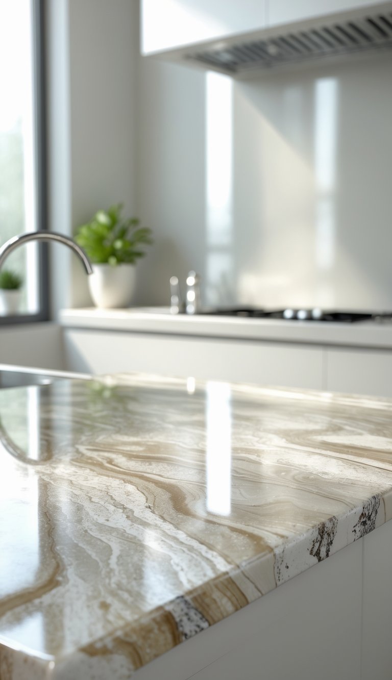 A modern kitchen countertop with a glossy epoxy resin coating, surrounded by minimal kitchen elements including a faucet and a small plant.