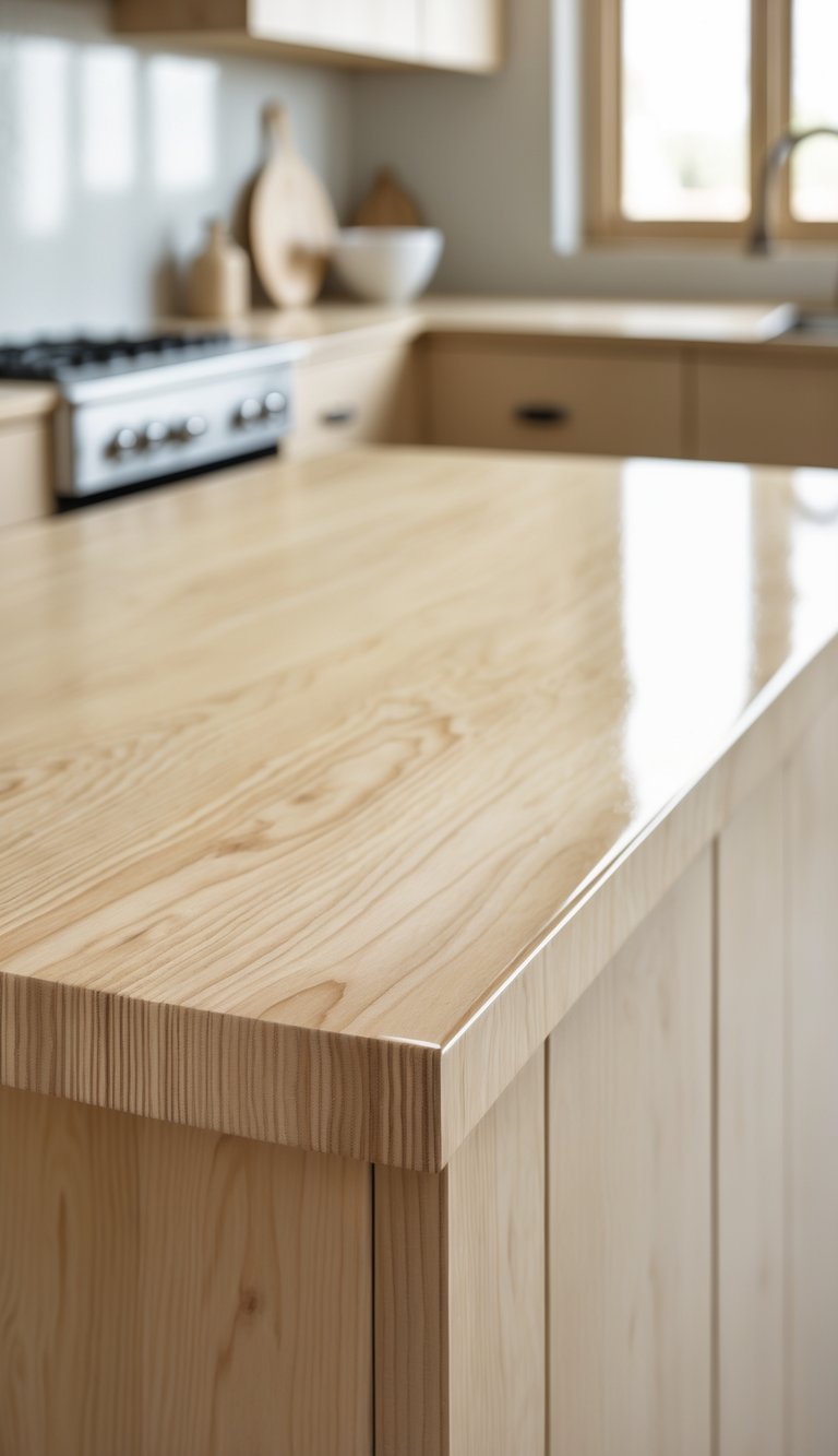 A clean kitchen countertop made of sealed plywood with a smooth, glossy finish.