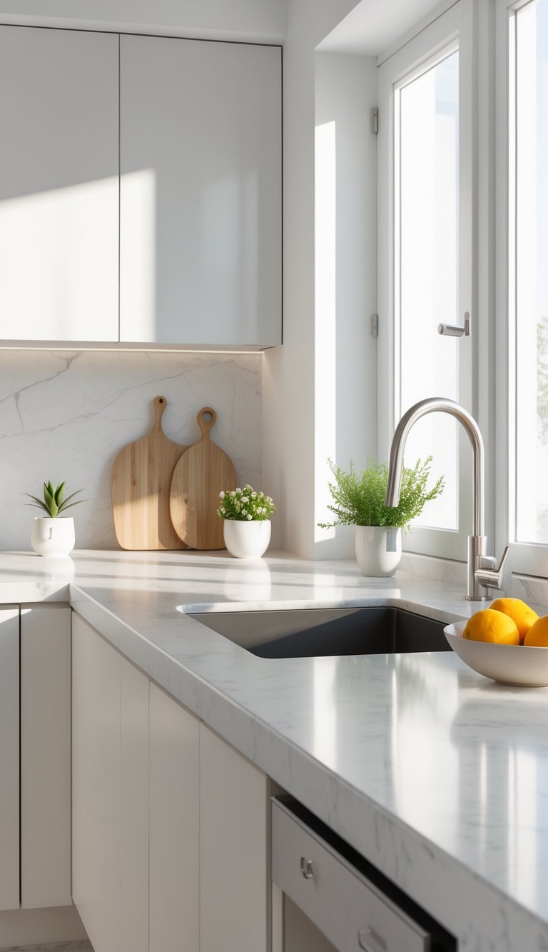 A modern kitchen countertop with light cabinetry, a wooden cutting board, a small potted plant, and a bowl of fresh fruit in natural daylight.