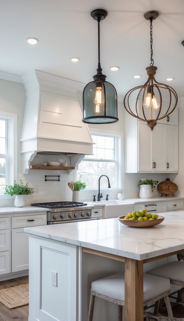 Bright and spacious kitchen with multiple stylish light fixtures including pendant lights, recessed ceiling lights, and a chandelier above a wooden dining table.