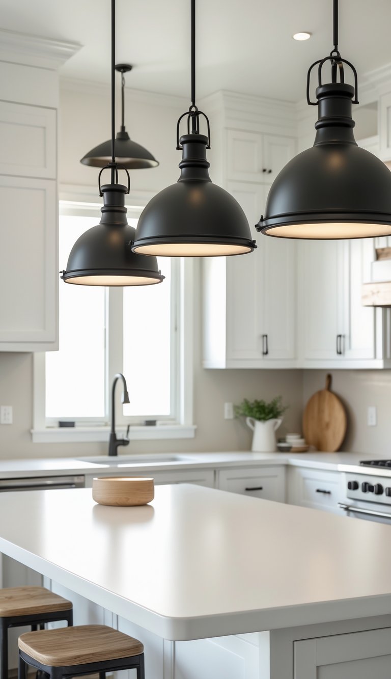 A kitchen island with three black pendant lights hanging above, surrounded by white cabinets and a neutral backsplash.