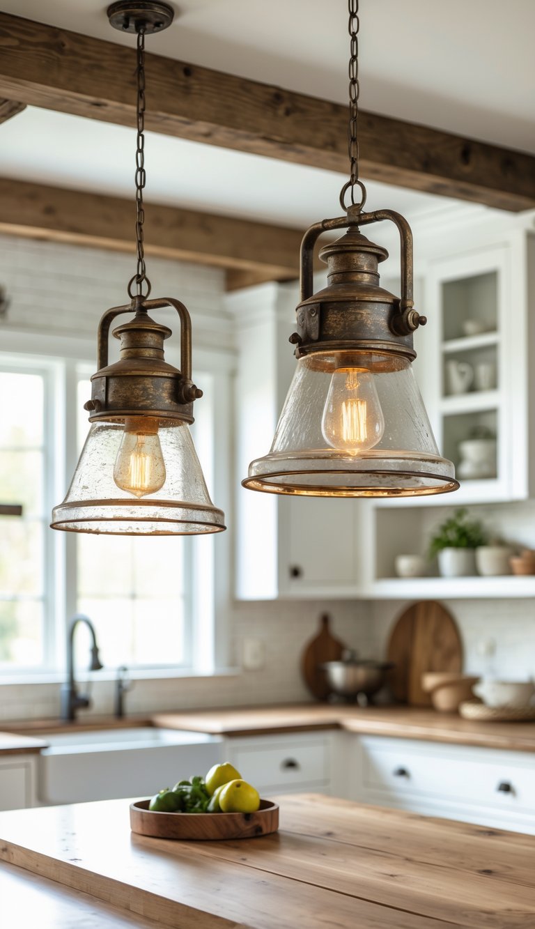 Pendant lights hanging above a kitchen island in a bright kitchen with white cabinets and wooden accents.