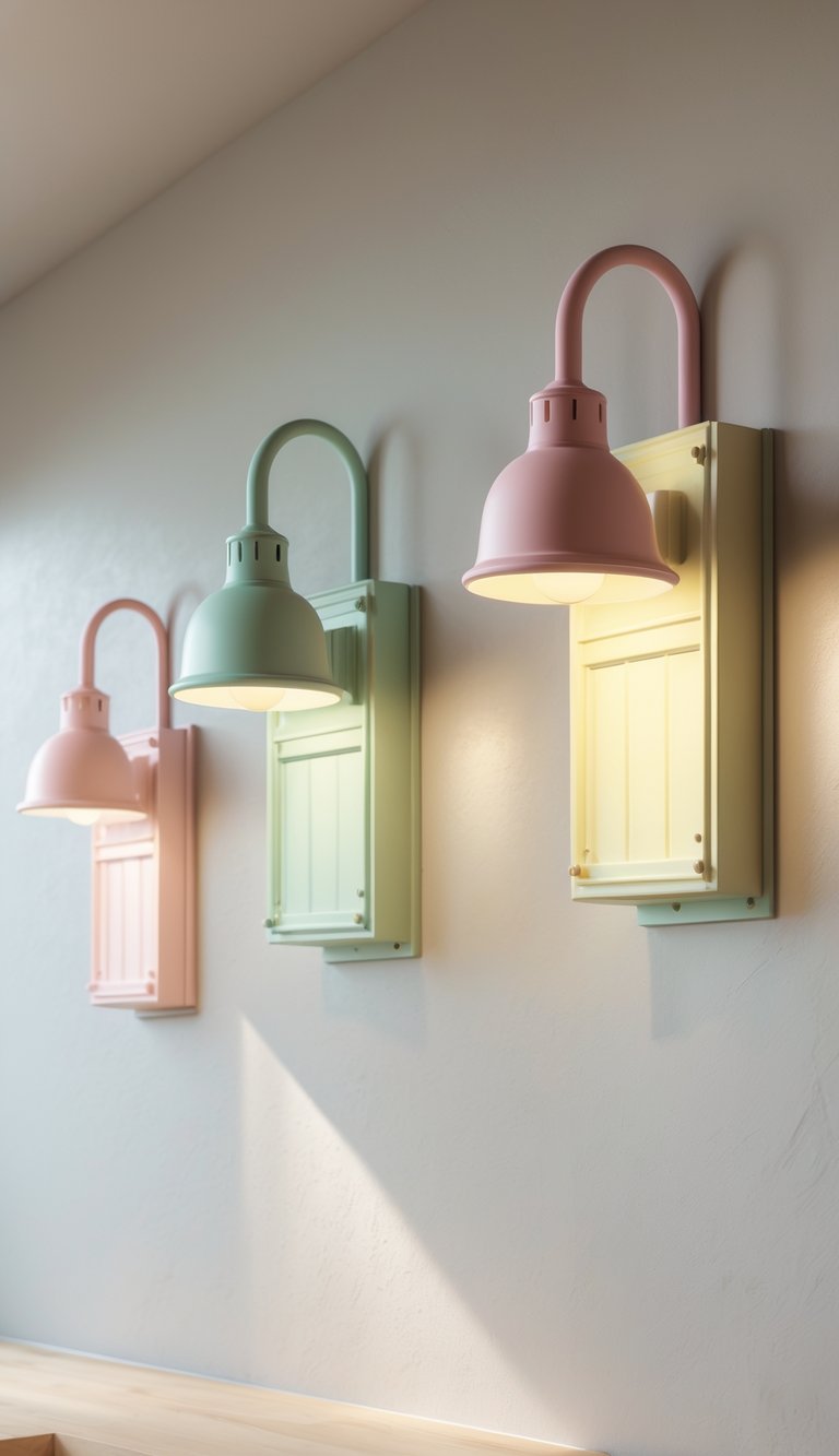 A close-up of colorful wall sconces mounted on a kitchen wall, softly illuminated and highlighting their shapes and colors.
