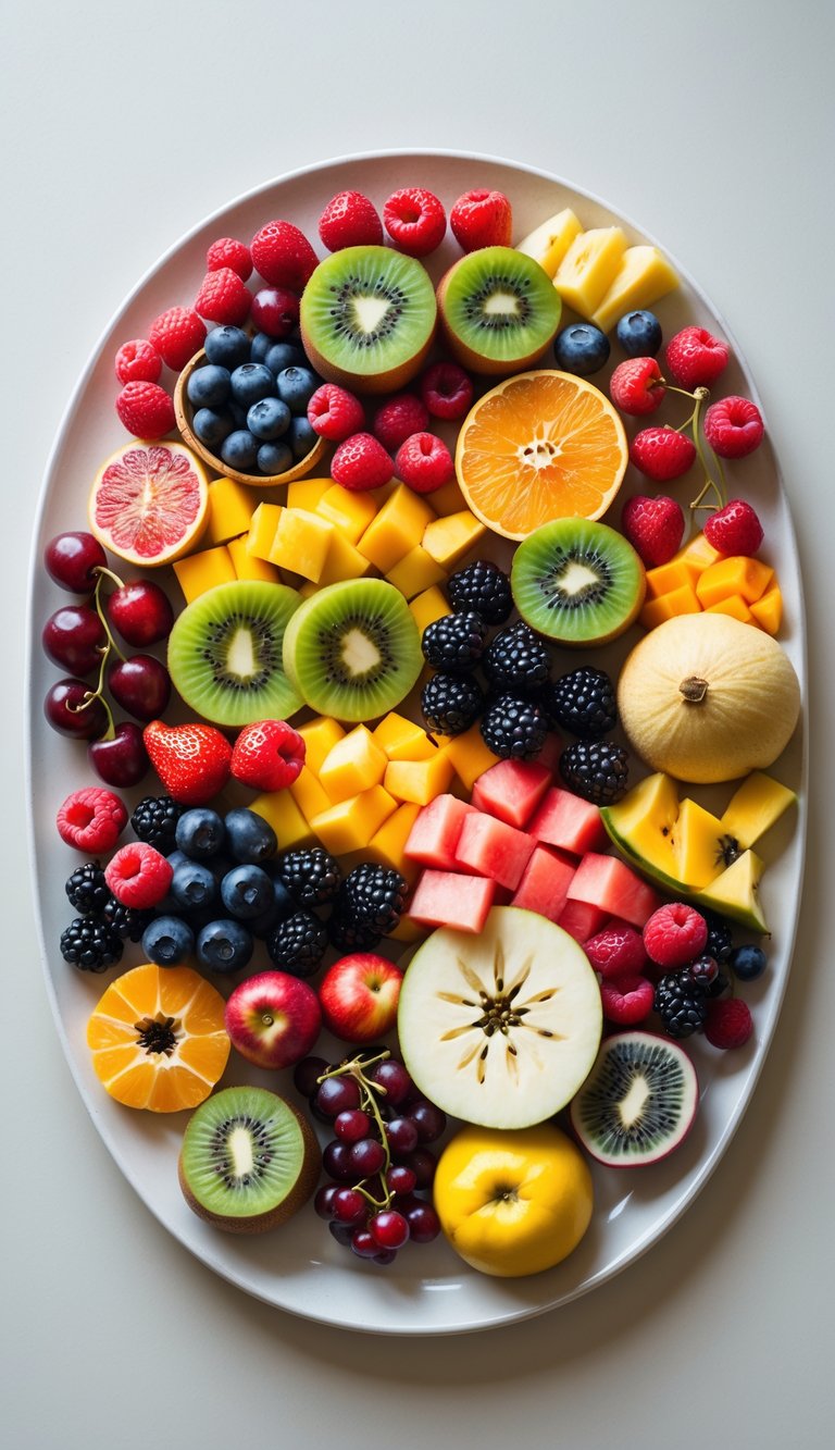A large white platter filled with an assortment of 17 different fresh fruits arranged for a party.