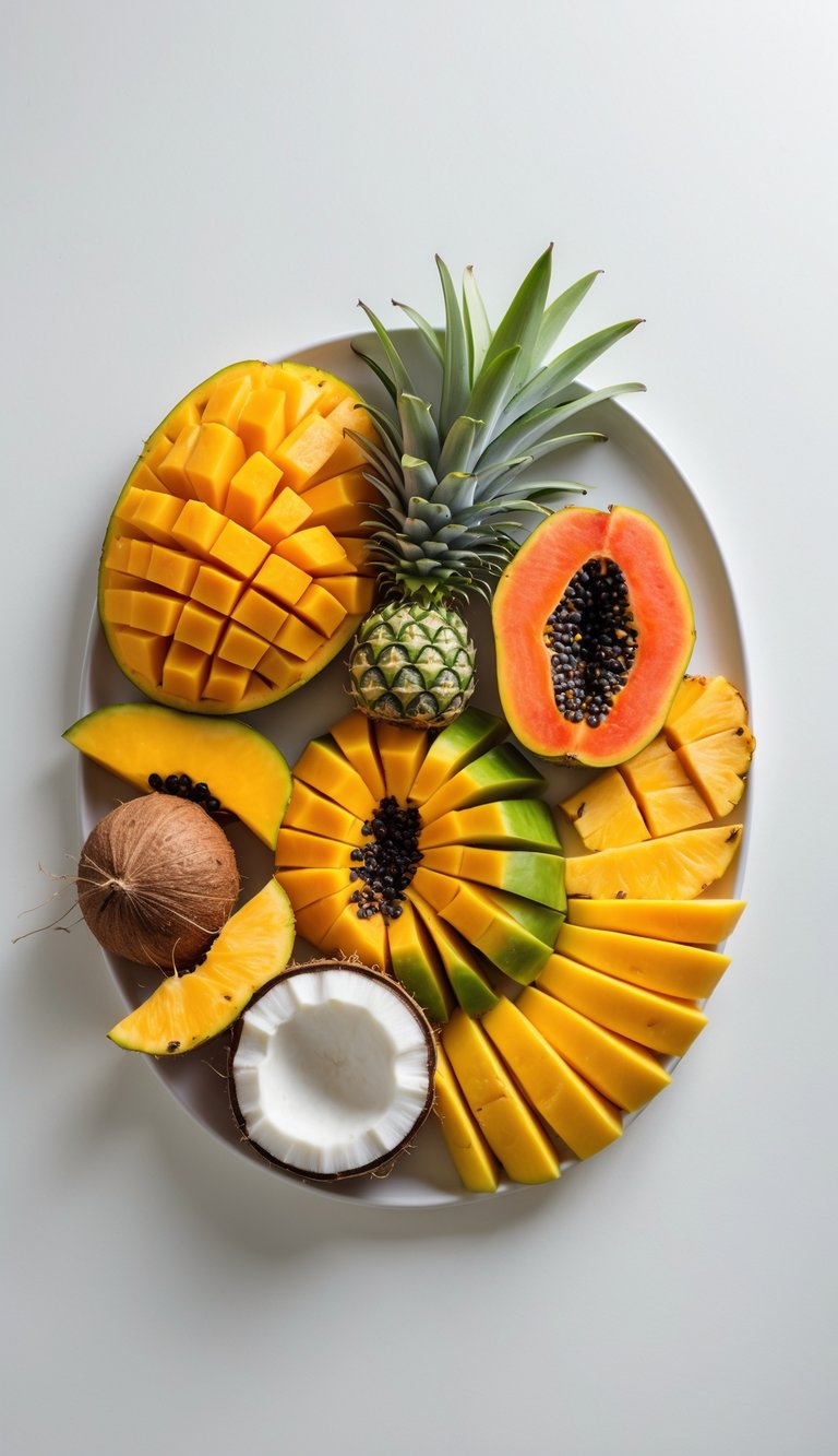 A tropical fruit platter with sliced mango, papaya, pineapple, and coconut arranged on a white surface.