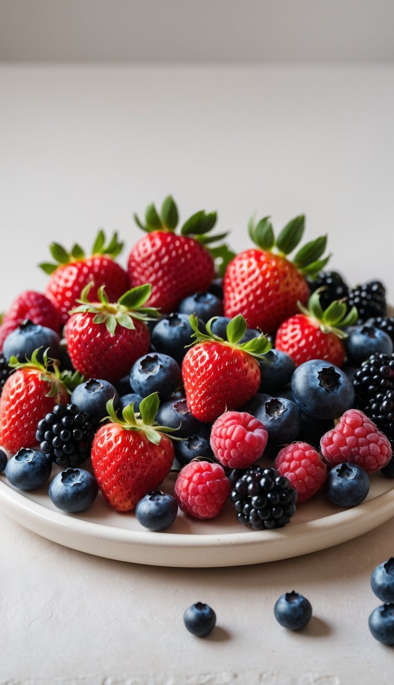 A white platter filled with fresh strawberries, blueberries, raspberries, and blackberries.