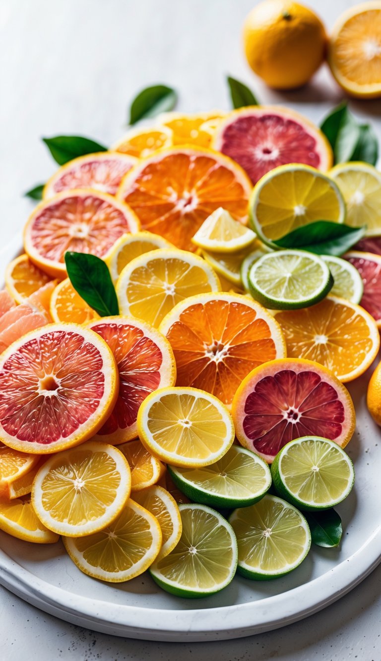 A platter filled with sliced oranges, grapefruits, lemons, and limes arranged neatly on a white surface.