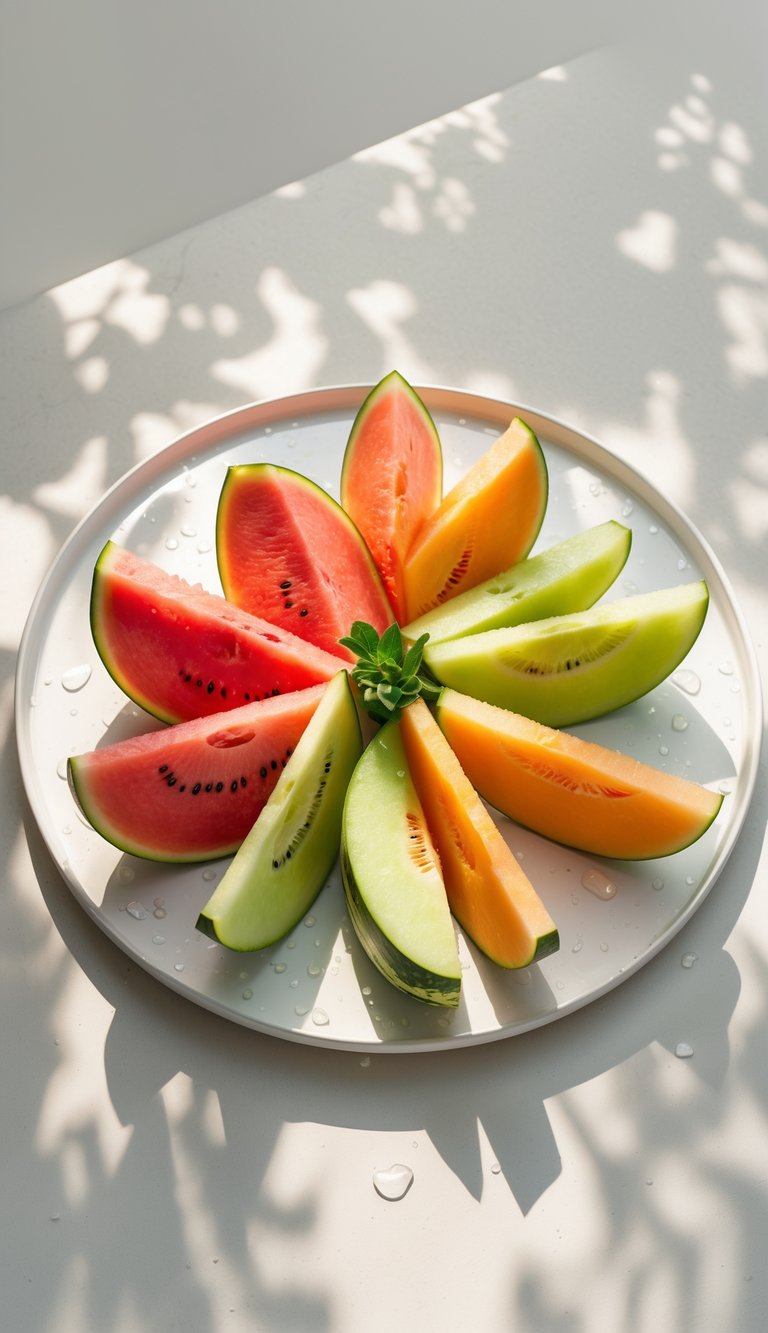 A platter with neatly arranged slices of watermelon, cantaloupe, and honeydew melon.