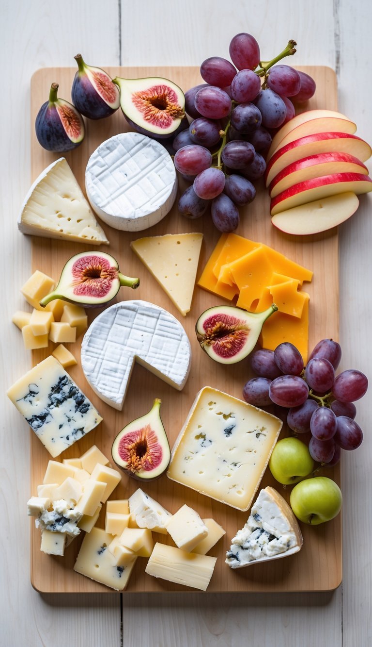 A cheese and fruit charcuterie board with figs, grapes, apples, and assorted cheeses on a wooden surface.