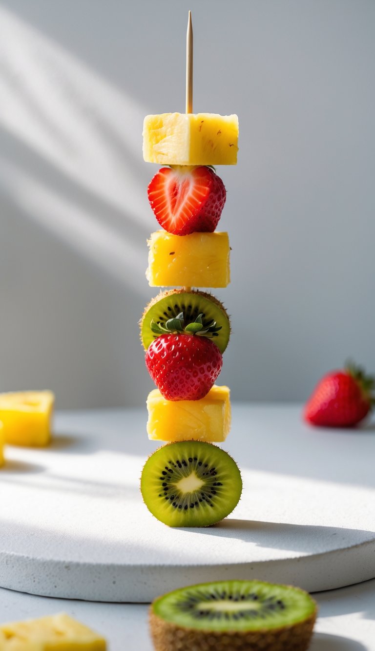 A close-up of a fruit skewer with pineapple, strawberries, kiwi, and melon balls on a white surface.