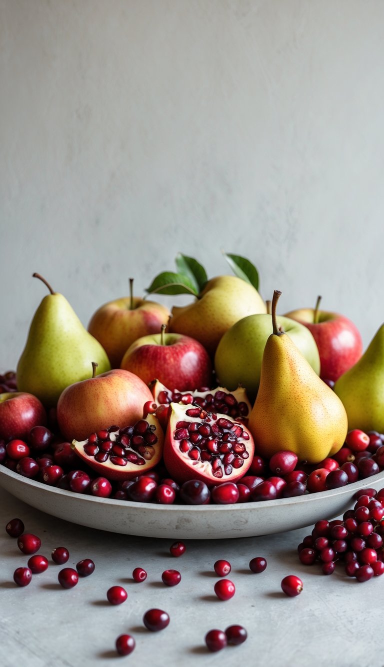 A fruit platter with apples, pears, pomegranate seeds, and cranberries arranged on a neutral background.